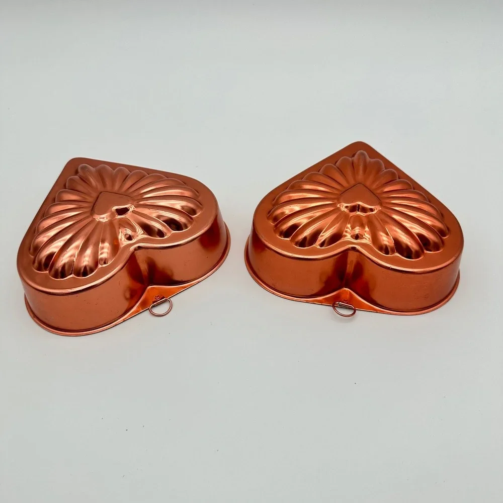 Vintage Copper Heart Jello Mold Set 2pc Sunburst Fluted Wall Hanging Decor